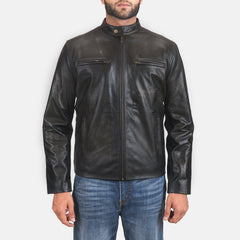 Vetin Black Leather Biker Jacket