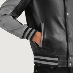 Damet Black Grey Leather Varsity Jacket