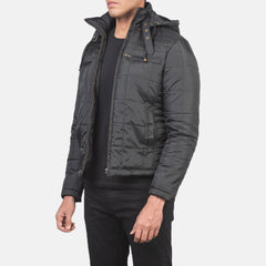 Pagion Black Leather Quilted Hooded Jacket