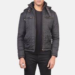 Pagion Black Leather Quilted Hooded Jacket