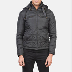 Pagion Black Leather Quilted Hooded Jacket
