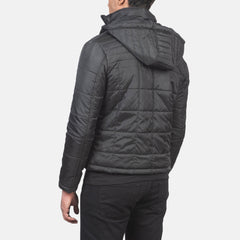 Pagion Black Leather Quilted Hooded Jacket