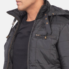Pagion Black Leather Quilted Hooded Jacket