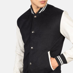 Uldon Black White Open Shirt Leather Varsity Jacket