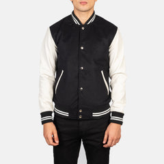 Uldon Black White Open Shirt Leather Varsity Jacket