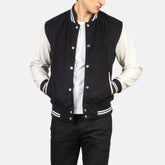 Uldon Black White Open Shirt Leather Varsity Jacket