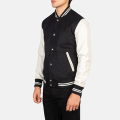 Uldon Black White Open Shirt Leather Varsity Jacket
