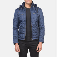 Pagion Blue Leather Quilted Hooded Jacket