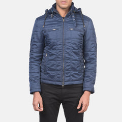 Pagion Blue Leather Quilted Hooded Jacket