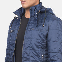 Pagion Blue Leather Quilted Hooded Jacket