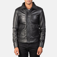 Qupor Black Leather Bomber Jacket