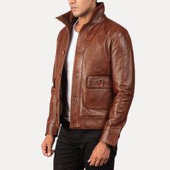 Qupor Brown Leather Bomber Jacket