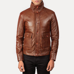 Qupor Brown Leather Bomber Jacket