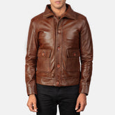 Qupor Brown Leather Bomber Jacket