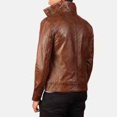 Qupor Brown Leather Bomber Jacket