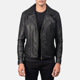 Qunet Black Leather Quilted Biker Jacket