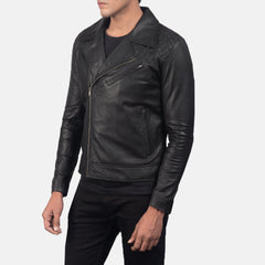 Qunet Black Leather Quilted Biker Jacket
