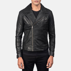 Qunet Black Leather Quilted Biker Jacket