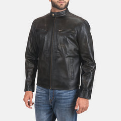 Vetin Black Leather Biker Jacket