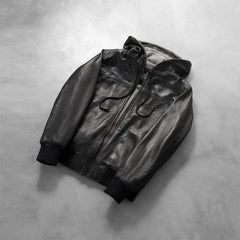 Vitor Black Leather Hooded Bomber Jacket