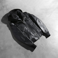 Xatus Black Leather Hooded Bomber Jacket
