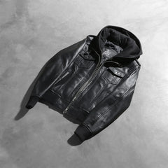 Xatus Black Leather Hooded Bomber Jacket