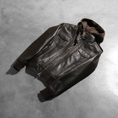 Xatus Brown Leather Hooded Bomber Jacket