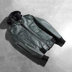 Xatus Green Leather Hooded Bomber Jacket
