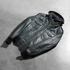 Xatus Green Leather Hooded Bomber Jacket