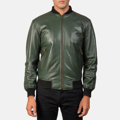Vegel Green Leather Bomber Jacket