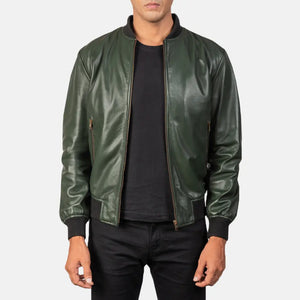 Vegel Green Leather Bomber Jacket