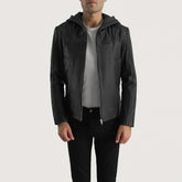 Tasas Black Leather Hooded Jacket