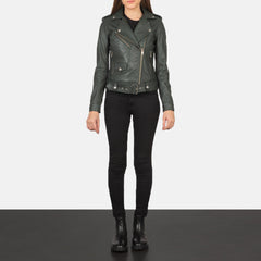 Xapum Green Leather Biker Jacket