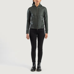 Wybion Green Leather Hooded Bomber Jacket