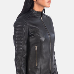Tiris Black Leather Quilted Biker Jacket