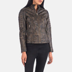 Tiris Brown Leather Quilted Biker Jacket