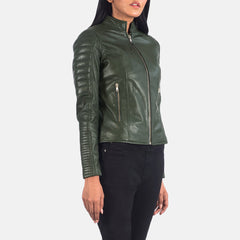 Tiris Green Leather Quilted Biker Jacket