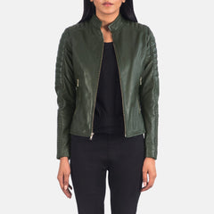 Tiris Green Leather Quilted Biker Jacket