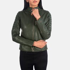 Tiris Green Leather Quilted Biker Jacket