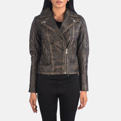 Wysor Distressed Brown Leather Quilted Biker Jacket