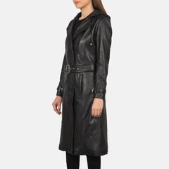 Mapis Black Leather Hooded Coat Jacket