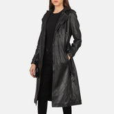 Mapis Black Leather Hooded Coat Jacket