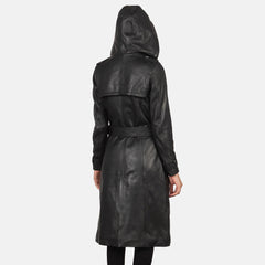 Mapis Black Leather Hooded Coat Jacket