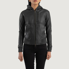 Wybion Black Leather Hooded Bomber Jacket