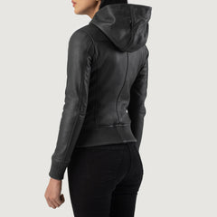 Wybion Black Leather Hooded Bomber Jacket