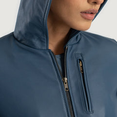 Wybion Blue Leather Hooded Bomber Jacket