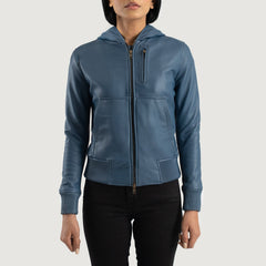 Wybion Blue Leather Hooded Bomber Jacket