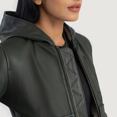 Wybion Green Leather Hooded Bomber Jacket