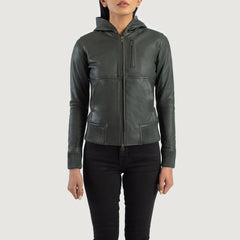 Wybion Green Leather Hooded Bomber Jacket