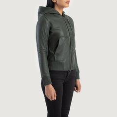 Wybion Green Leather Hooded Bomber Jacket